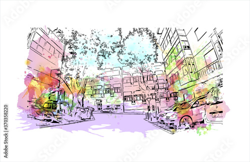 Building view with landmark of Almada is a city and a municipality in Portugal. Watercolor splash with hand drawn sketch illustration in vector.