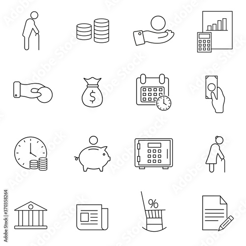Pension fund management, savings account, superannuation payment, retirement plan, future income, investment strategy, interest rate calculating, vector linear icon set. Outline symbol collection.