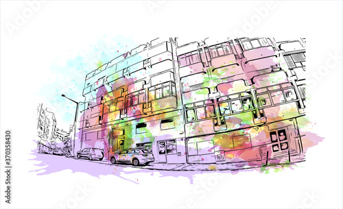 Building view with landmark of Almada is a city and a municipality in Portugal. Watercolor splash with hand drawn sketch illustration in vector.