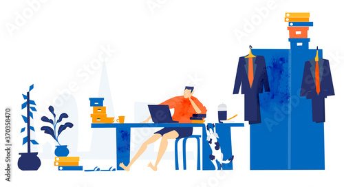 Young man works from home, distance working, Self isolation, quarantine and working from kitchen table. People dreaming go back to normal, work together, to solve problems and socialise.  