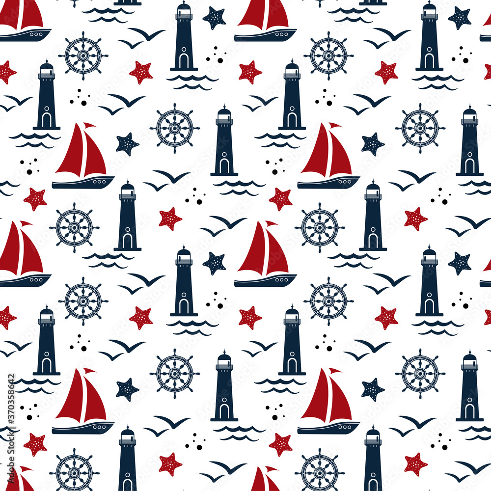 Seamless pattern in marine style. Lighthouse, sea, seagulls, steering wheel, starfish on a white background. Childish illustration in a funny cartoon style. Creative background for wallpaper, fabrics. Seamless pattern in marine style. Lighthouse, sea, seagulls, steering wheel, starfish on a white background. Childish illustration in a funny cartoon style. Creative background for wallpaper, fabrics.