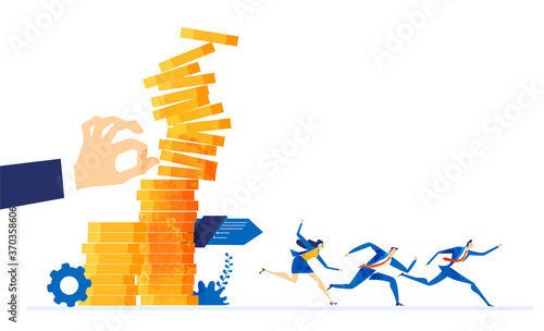 Business people running off from the  falling  coin stags. Recession, crisis, economy and financial fall concept illustration 