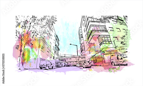 Building view with landmark of Almada is a city and a municipality in Portugal. Watercolor splash with hand drawn sketch illustration in vector.