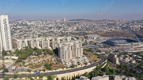 Jerusalem Landscape Holyland Building project aerial South West And center Jerusalem in background, Israel, drone 