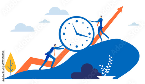 Group of business people pushing the clock up to heel. Working together, solving the problems concept 