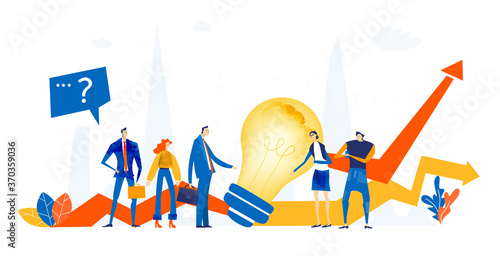 Group of young successful creative people talking around the light bulb symbolising new idea and the way to sort out the problems 