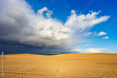 Powerful scary thundercloud on a yellow field background