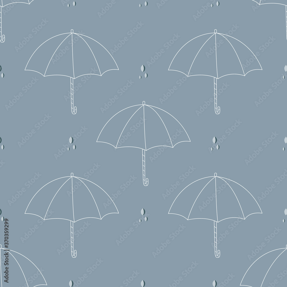 White umbrellas on a gray background with rain drops. Seamless pattern.Vector

