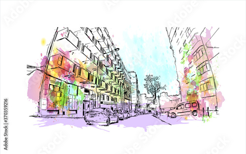 Building view with landmark of Almada is a city and a municipality in Portugal. Watercolor splash with hand drawn sketch illustration in vector.
