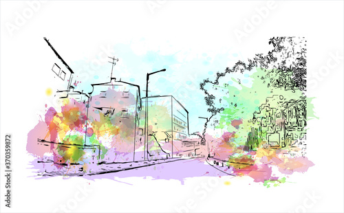 Building view with landmark of Almada is a city and a municipality in Portugal. Watercolor splash with hand drawn sketch illustration in vector.