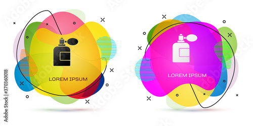 Color Aftershave bottle with atomizer icon isolated on white background. Cologne spray icon. Male perfume bottle. Abstract banner with liquid shapes. Vector Illustration.