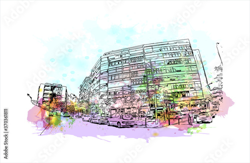 Building view with landmark of Almada is a city and a municipality in Portugal. Watercolor splash with hand drawn sketch illustration in vector.