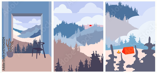 Set of abstract minimalist aesthetic posters backgrounds with mountain landscape, camping, forest. Trendy vector illustration for wall decoration, postcard or brochure, social media. Zoom effect. 