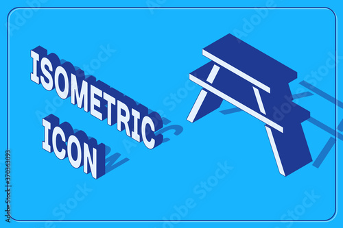 Isometric Picnic table with benches on either side of the table icon isolated on blue background. Vector Illustration.