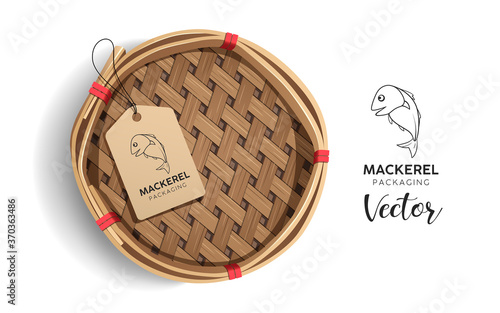 Packaging mackerel basket, product realistic design with label logo fish isolated on white background, Eps 10 vector illustration
