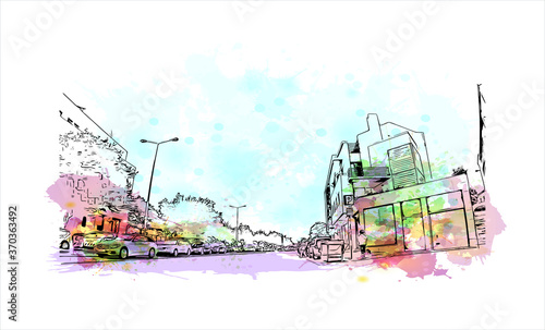Building view with landmark of Almada is a city and a municipality in Portugal. Watercolor splash with hand drawn sketch illustration in vector.