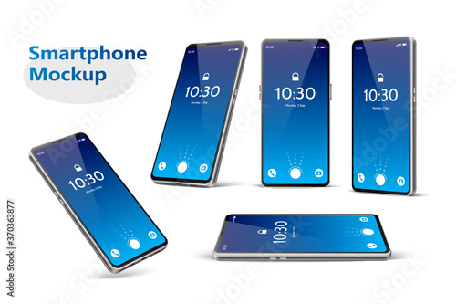 Vector blue frameless smartphone mockup set 3d