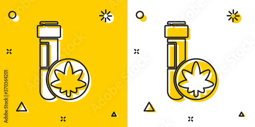 Black Chemical test tube with marijuana or cannabis leaf icon isolated on yellow and white background. Research concept. Laboratory CBD oil. Random dynamic shapes. Vector Illustration.