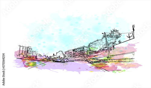 Building view with landmark of Almada is a city and a municipality in Portugal. Watercolor splash with hand drawn sketch illustration in vector.