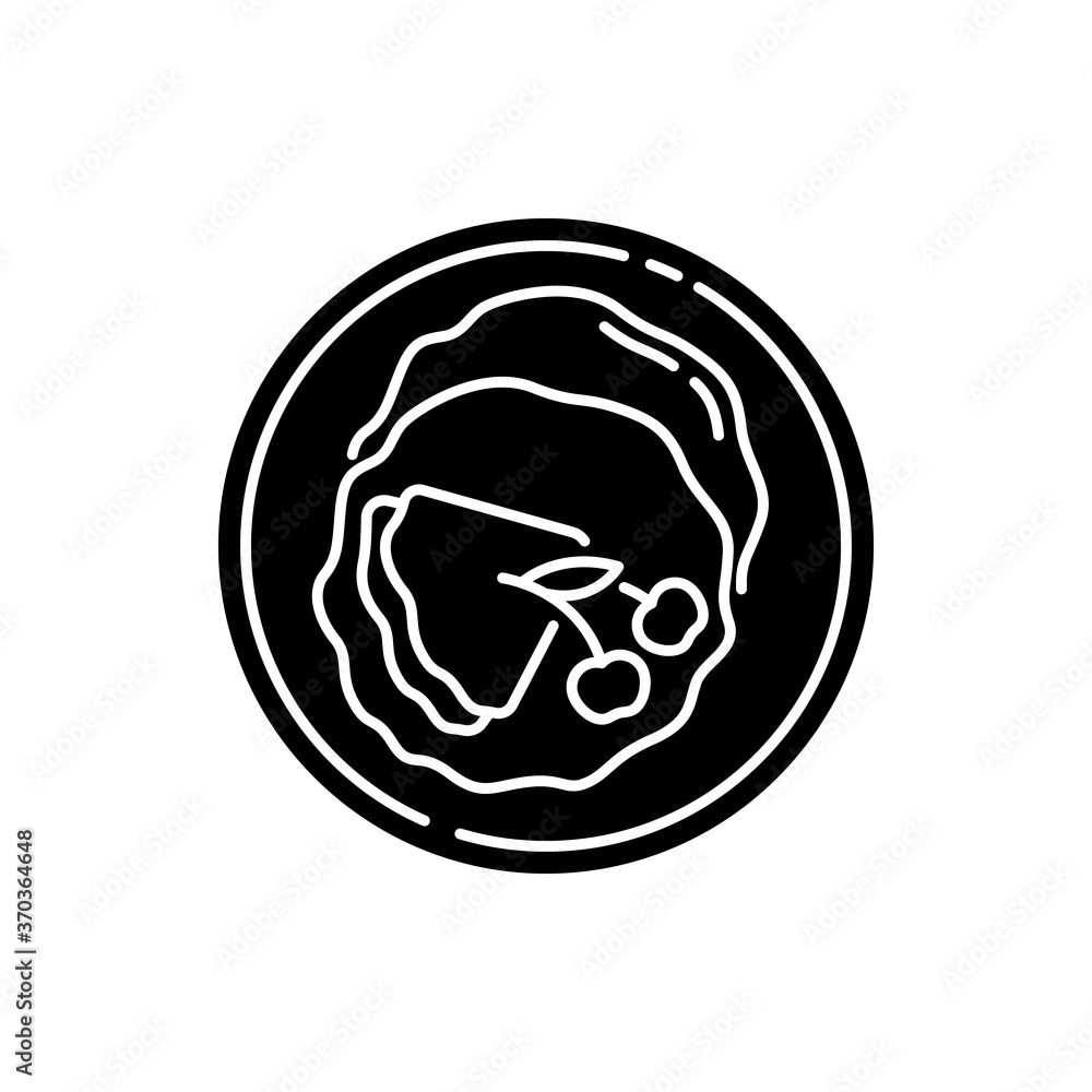 Crepe black glyph icon. Thin french pancakes. Fried dessert with cherry syrup. National european sweet food. Dining at restaurant. Silhouette symbol on white space. Vector isolated illustration Crepe black glyph icon. Thin french pancakes. Fried dessert with cherry syrup. National european sweet food. Dining at restaurant. Silhouette symbol on white space. Vector isolated illustration
