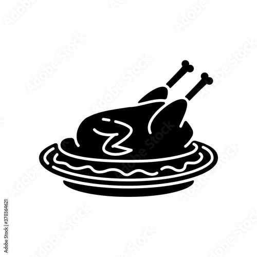 Peking duck black glyph icon. Whole roasted chicken with gravy for thanksgiving. Beijing traditional dish recipe. Cooked poultry meat. Silhouette symbol on white space. Vector isolated illustration