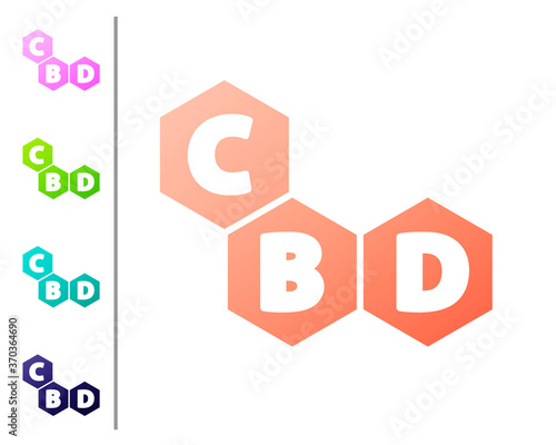 Coral Cannabis molecule icon isolated on white background. Cannabidiol molecular structures, THC and CBD formula. Marijuana sign. Set color icons. Vector Illustration.