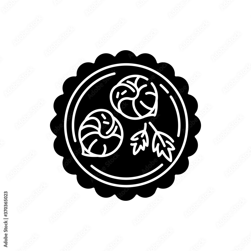 Escargot de bourgogne black glyph icon. French shellfish dish. Traditional european cuisine. Luxury lunch in restaurant. Meal from menu. Silhouette symbol on white space. Vector isolated illustration
