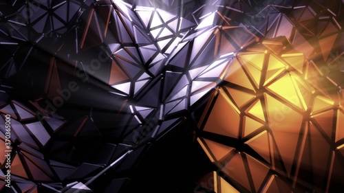 Futuristic low polygonal 3d render background illustration. Abstract glowing metallic triangles texture with shiny shapes