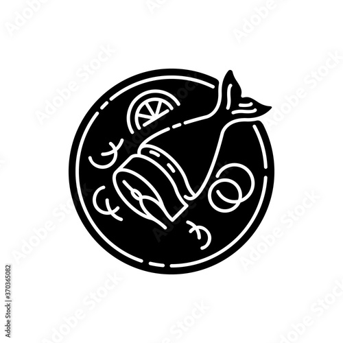 Soused herring black glyph icon. Sliced raw fish. Japanese dish. Salmon piece on crockery. Asian fresh meal for nutrition. Cook lunch. Silhouette symbol on white space. Vector isolated illustration