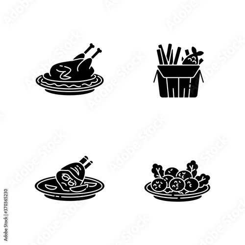 National cookery black glyph icons set on white space. Fast food. Peking duck. British fish and chips. German roasted pork knuckle. Falafel dish. Silhouette symbols. Vector isolated illustration