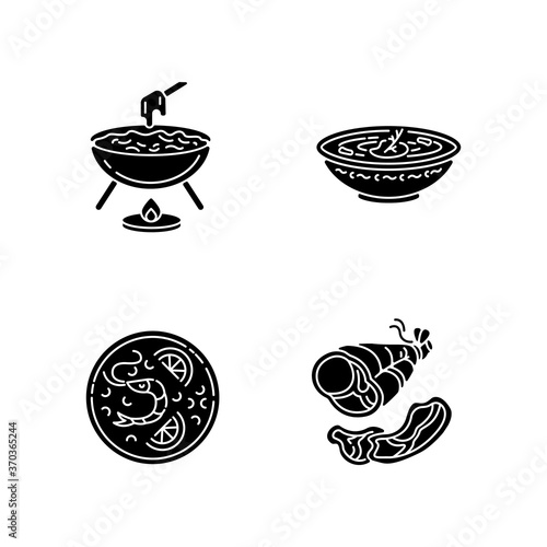 Traditional food black glyph icons set on white space. Cheese fondu. Ukrainian borscht. Parma ham. Roasted meat. Spanish rice. Paella in crockery. Silhouette symbols. Vector isolated illustration