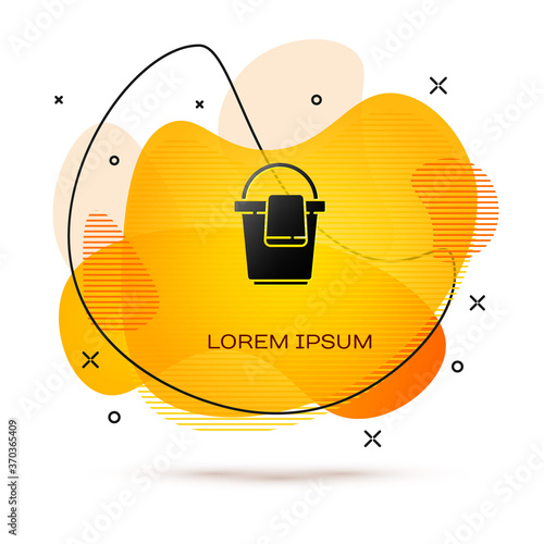 Black Bucket with rag icon isolated on white background. Cleaning service concept. Abstract banner with liquid shapes. Vector Illustration.
