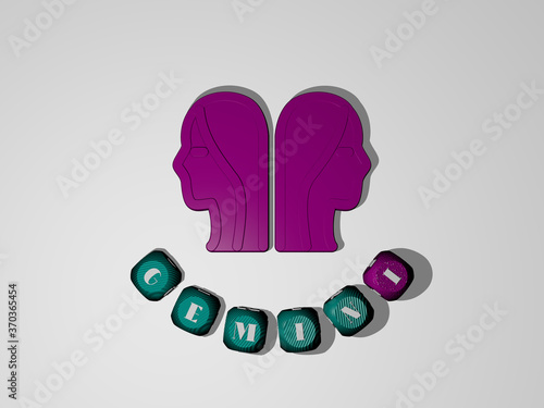 3D illustration of GEMINI graphics and text around the icon made by metallic dice letters for the related meanings of the concept and presentations. zodiac and astrology photo