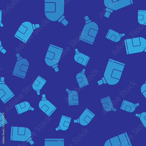 Blue Plastic bottles for laundry detergent, bleach, dishwashing liquid or another cleaning agent icon isolated seamless pattern on blue background. Vector Illustration.