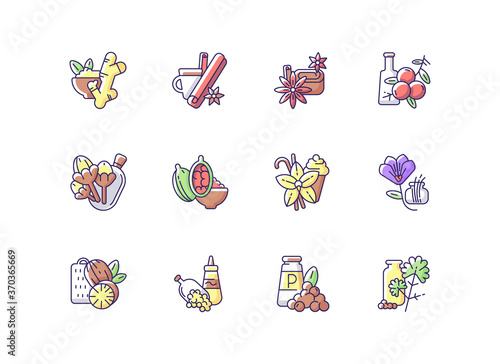 Classic spices RGB color icons set. Food seasoning. Indian spices. Cinnamon and vanilla. Mustard seeds and black pepper. Nutmeg. Traditional asian spices and herbs. Isolated vector illustrations