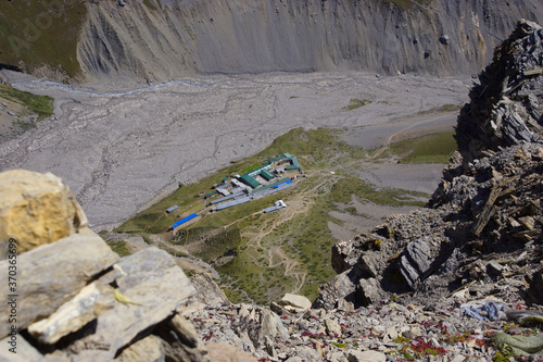 Thorung Pedi from Thorong High Camp view Point. Tea House / Guest house before steep climb up to Thorong High Camp. photo