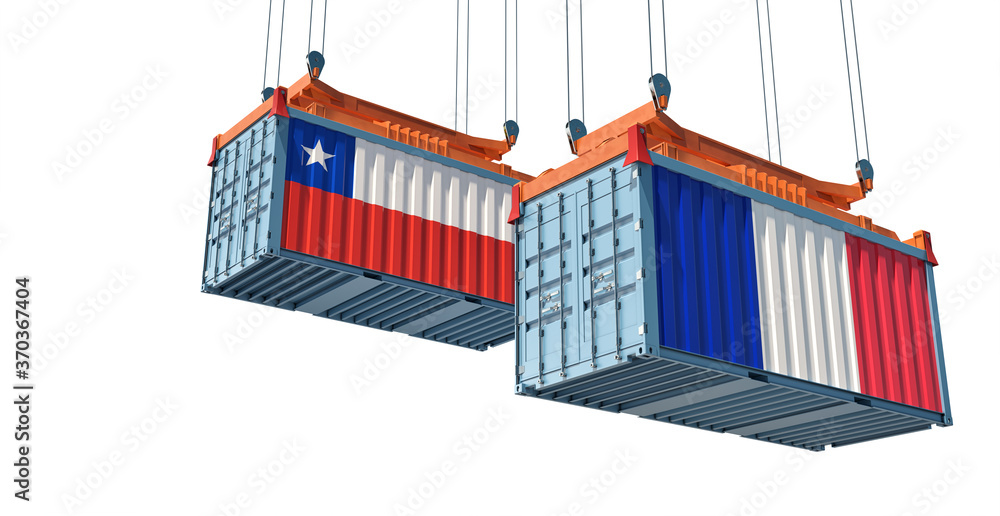 Freight containers with Chile and France flag. 3D Rendering Freight containers with Chile and France flag. 3D Rendering