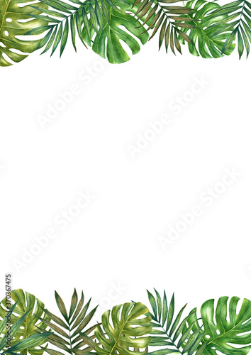 Watercolor tropical leaves frame. Colorful watercolor frame border with colorful tropical leaves.