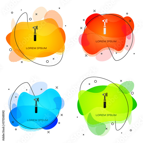 Black Medical otoscope tool icon isolated on white background. Medical instrument. Abstract banner with liquid shapes. Vector Illustration.