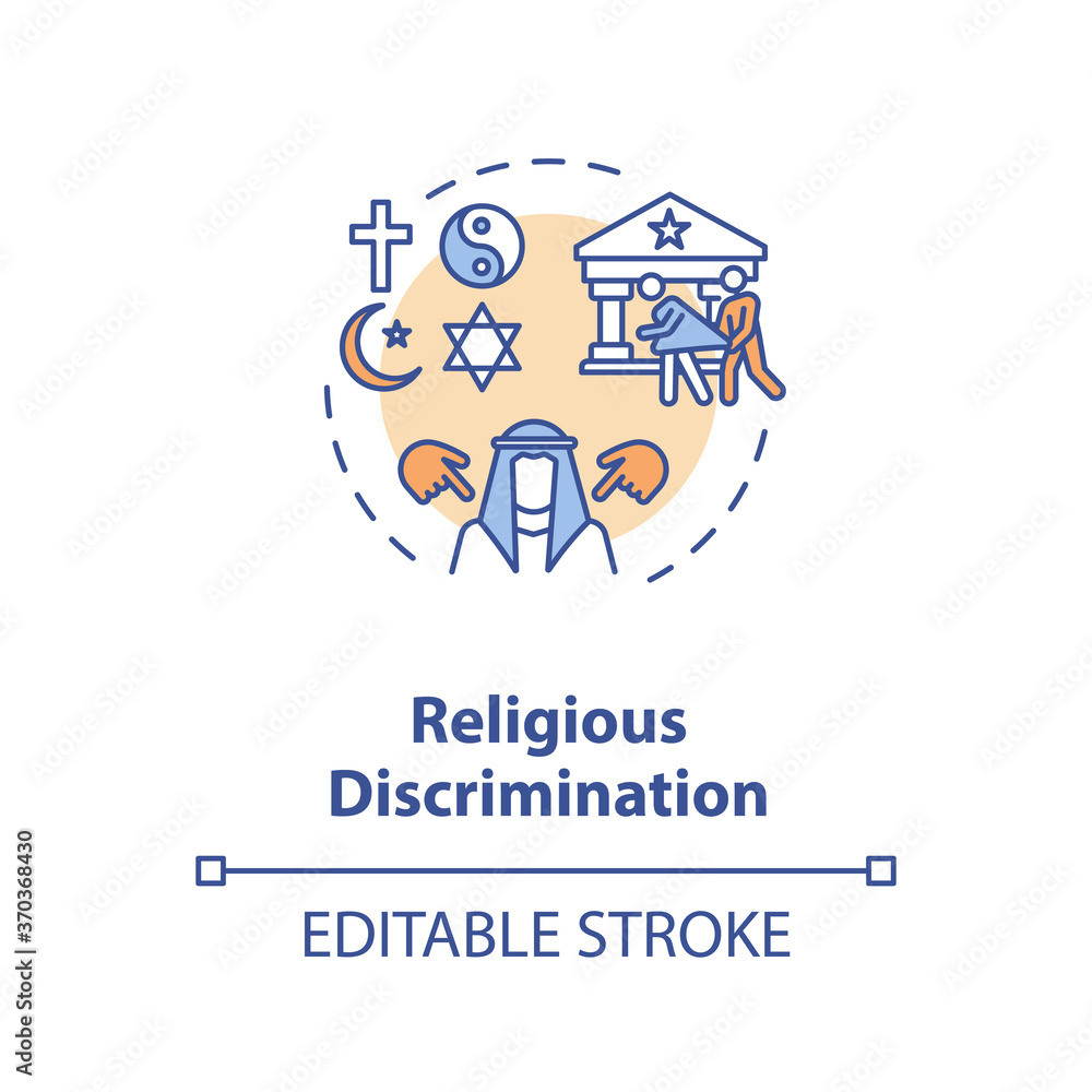 Religious discrimination concept icon. Mistreatment based on religion idea thin line illustration. Religious persecution. Vector isolated outline RGB color drawing. Editable stroke Religious discrimination concept icon. Mistreatment based on religion idea thin line illustration. Religious persecution. Vector isolated outline RGB color drawing. Editable stroke
