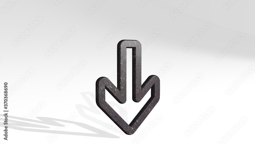 ARROW THICK DOWN casting shadow from a perspective. A thick sculpture made of metallic materials of 3D rendering. illustration and background ARROW THICK DOWN casting shadow from a perspective. A thick sculpture made of metallic materials of 3D rendering. illustration and background