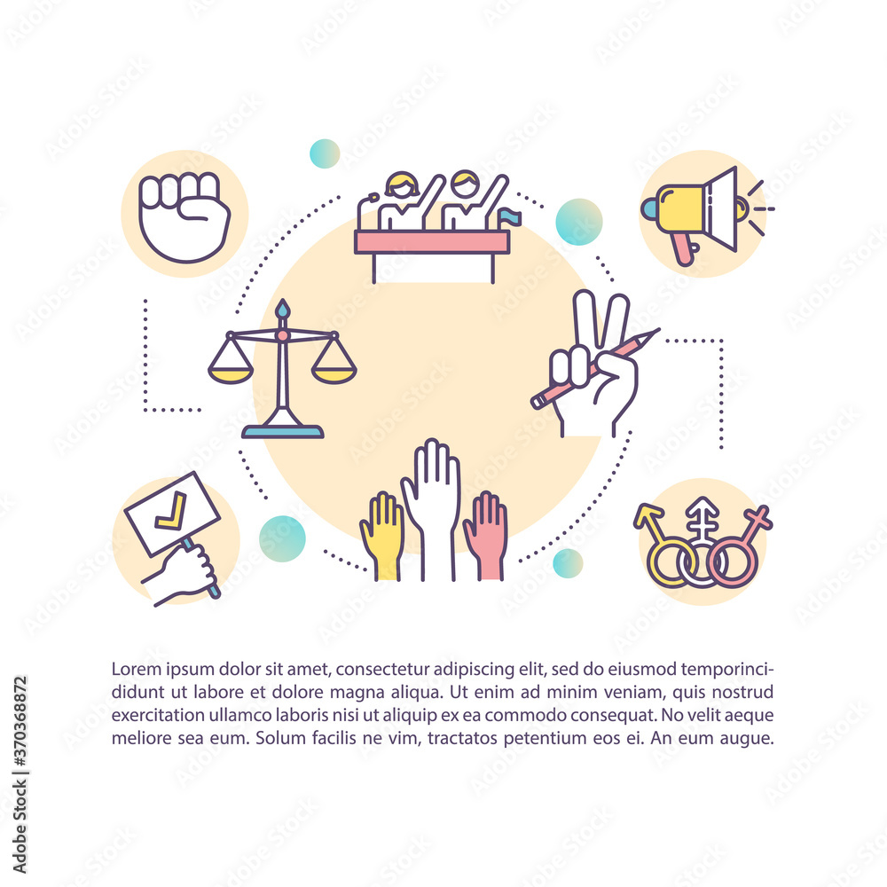 Civil rights concept icon with text. Individual freedoms protection. Desegregation process. PPT page vector template. Brochure, magazine, booklet design element with linear illustrations Civil rights concept icon with text. Individual freedoms protection. Desegregation process. PPT page vector template. Brochure, magazine, booklet design element with linear illustrations