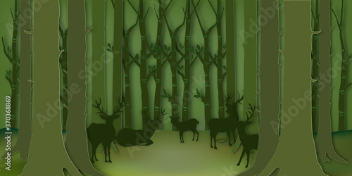 Paper art , cut and craft style of Green forest and deers wildlife with nature background layers as Saving the world with ecology and environment conservation concept. Vector illustration.