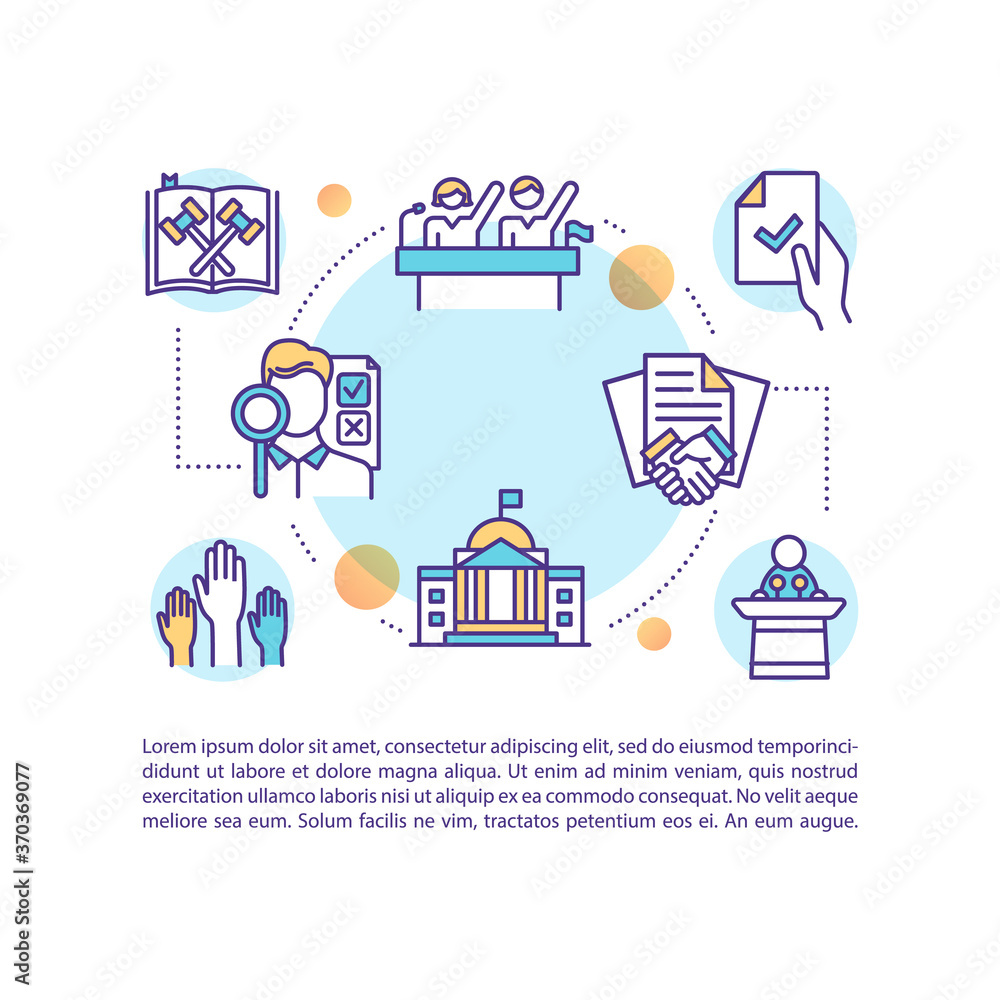 Legislative documents concept icon with text. Elections. Political rights and participation. PPT page vector template. Brochure, magazine, booklet design element with linear illustrations Legislative documents concept icon with text. Elections. Political rights and participation. PPT page vector template. Brochure, magazine, booklet design element with linear illustrations