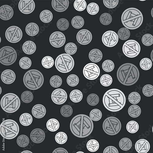Grey Say no to plastic bags poster icon isolated seamless pattern on black background. Disposable cellophane and polythene package prohibition sign. Vector Illustration.