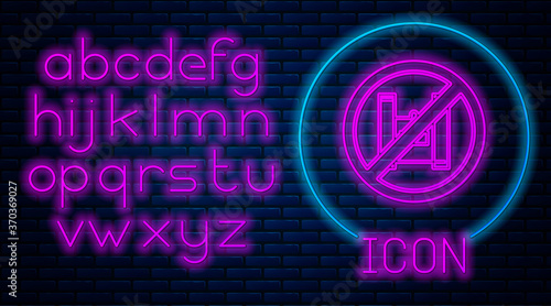 Glowing neon Say no to plastic bags poster icon isolated on brick wall background. Disposable cellophane and polythene package prohibition sign. Neon light alphabet. Vector Illustration.