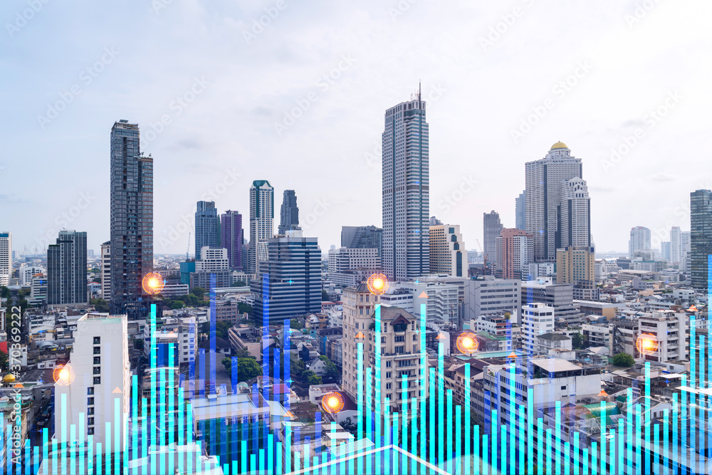 Fototapeta premium Financial stock chart hologram over panorama city view of Bangkok, business center in Asia. The concept of international transactions. Double exposure.
