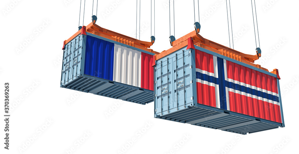Freight containers with Norway and France flag. 3D Rendering Freight containers with Norway and France flag. 3D Rendering