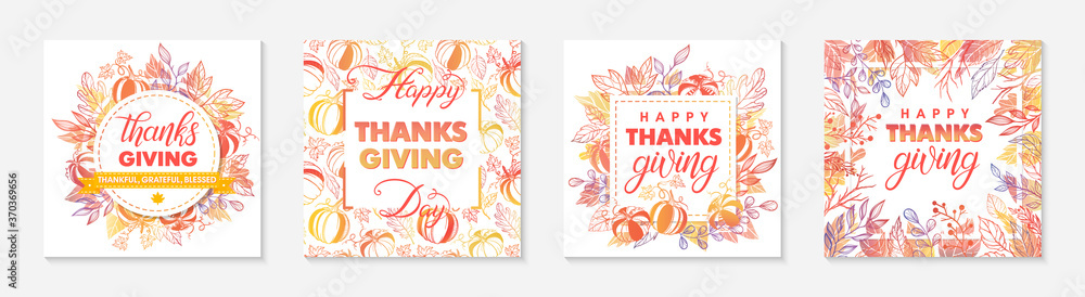 Thanksgiving postes with leaves and floral elements in fall colors.Greetings cards perfect for prints; flyers; banners; invitations.Trendy fall designs.Vector autumn illustrations