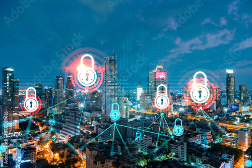 Photography Glowing Padlock hologram, night panoramic city view of Bangkok, Asia